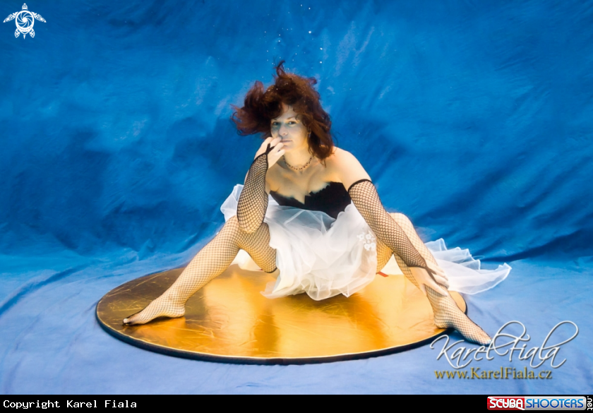 A woman sitting on a gold platter