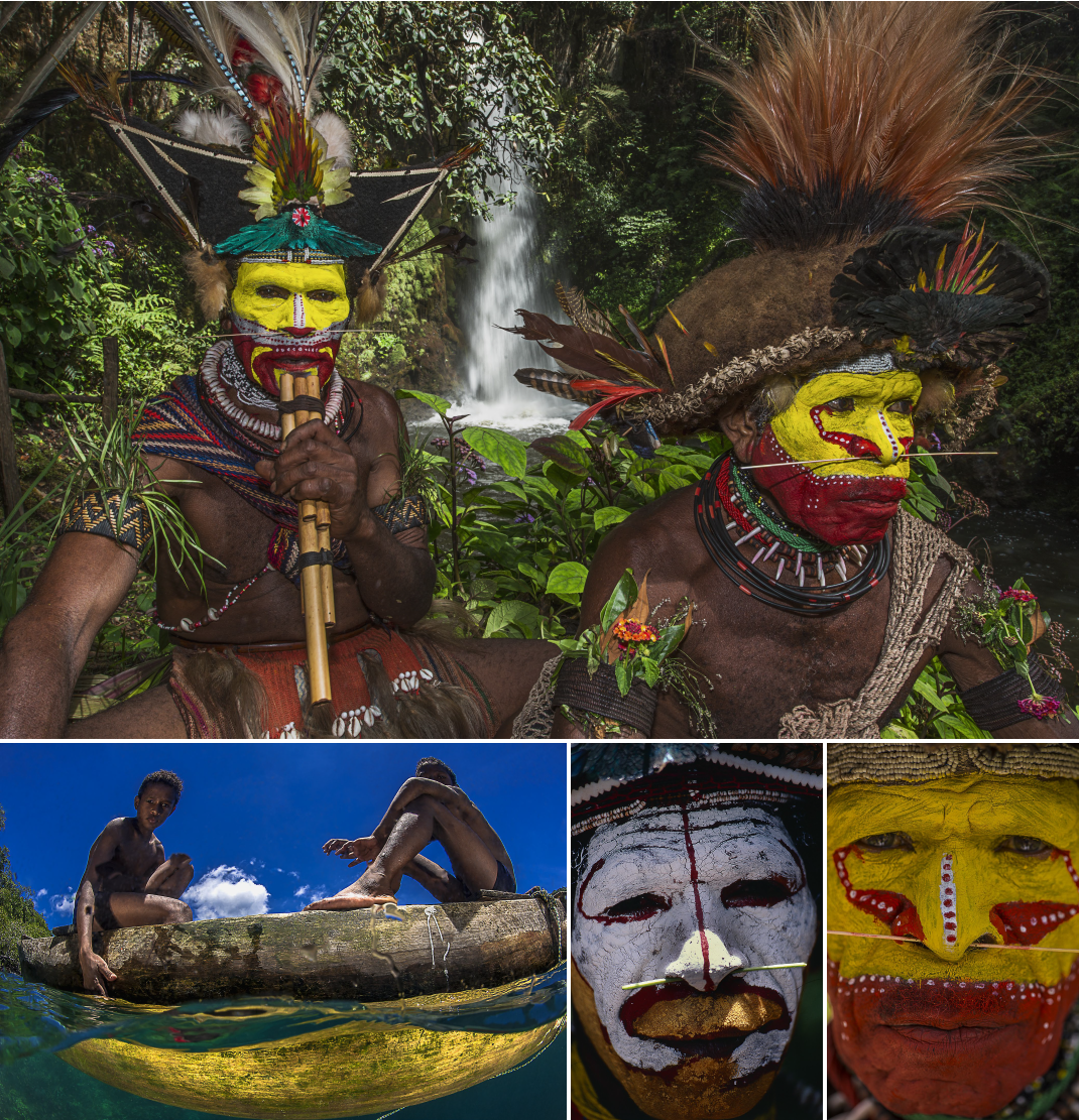 Aborigines paint their face with bright colors in Papua New Guinea